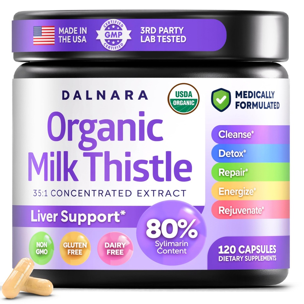Estratto di cardo di latte 120 conteggi, Formula di supporto per fegato di erbe Premium, Non OGM e Testato di terze parti, Supporta il disintossico naturale, Cleanse & Repair