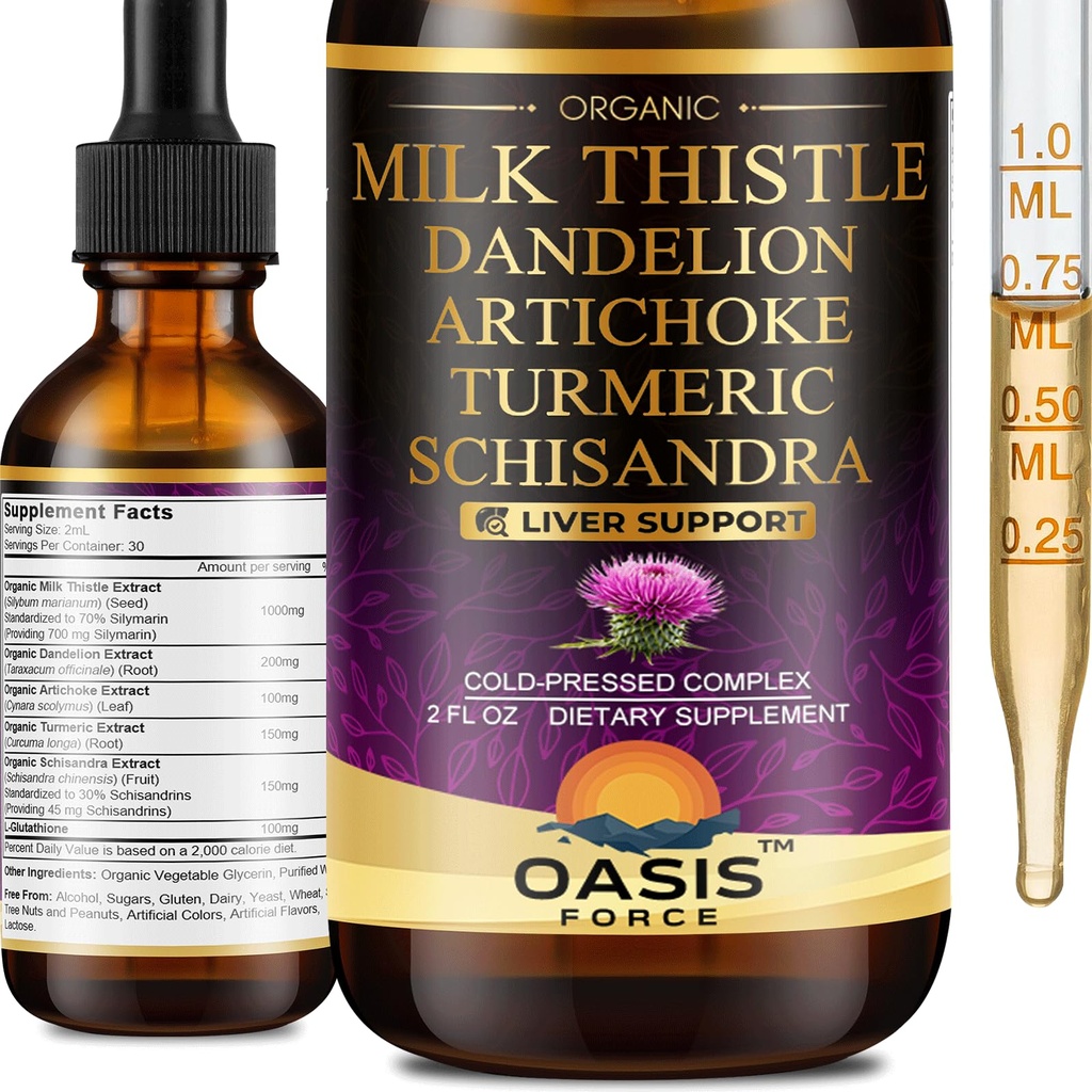 Liquido di estratto di cardo di latte organico per la pulizia del fegato Detox & Riparazione, Silymarin Milk Thistle Drops Supplemento con Dandelion & Artichoke per il supporto del fegato, Vegan, Alcohol-Free, 2 FL OZ