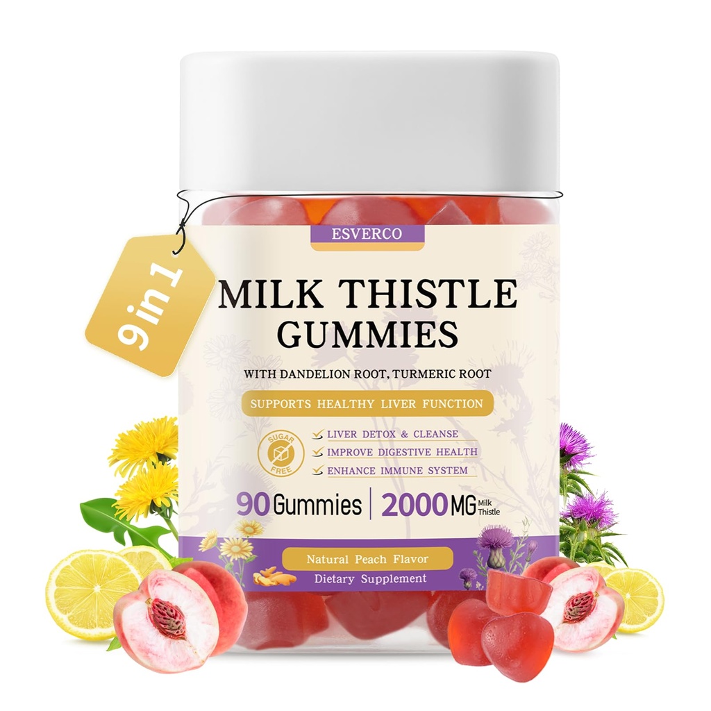 Gummie di cardo al latte con Estratto di 2000MG, Gummie di sostegno alla salute del fegato, Silymarin Milk Thistle Supplemento con Artichoke, Dandelion, Curcumina di curcuma, No Sugar, per adulti, Vegan, 90 Conte