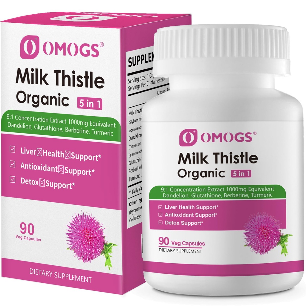 OMOGS Organic Milk Thistle, Herbal Liver Support Milk Thistle Supplement, with Dandelion Root, Glutathione, Berberine HCL &Turmeric, Support Liver Cleanse Detox & Repair, 90 Capsule