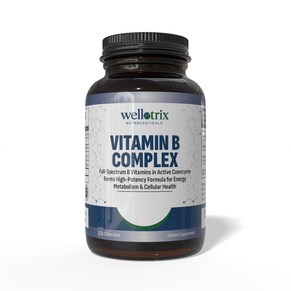 Wellotrix Advanced B-Complex – Spettro completo di 8 vitamine B essenziali (B1, B2, B3, B5, B6, B7, B9, B12) in forme di coenzima attivo – Supporta il metabolismo energetico e la salute cellulare – 120 capsule