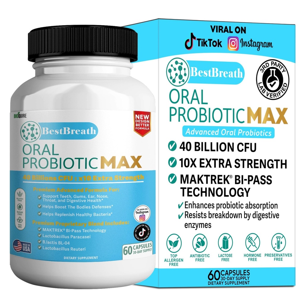 BestBreath Oral Probiotic MAX - 40 miliardi di CFU - Supporto per denti, gomme, orecchie, naso, gola e salute digestiva - 60 capsule (1)