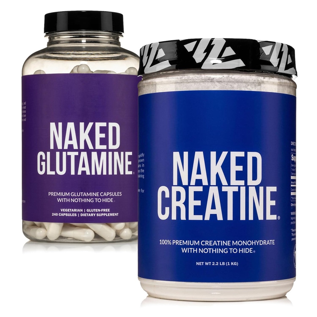 NAKED Pure Micronized Creatine Monohydrate 200 Serve + Pure L-Glutamine 240 capsule Bundle: Vegan, Non-OGM, Gluten Free. Minimize Muscle Breakdown & Migliorare la sintesi proteica. Nulla di artificiale