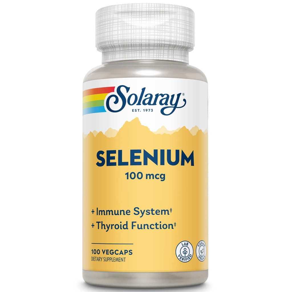 Solaray Selenium 100 mcg, Sistema immunitario sano, Funzione tiroidea e supporto antiossidante, Vegan, Lab verificato, 60-giorno Garantito, 100 Serve, 100 VegCaps