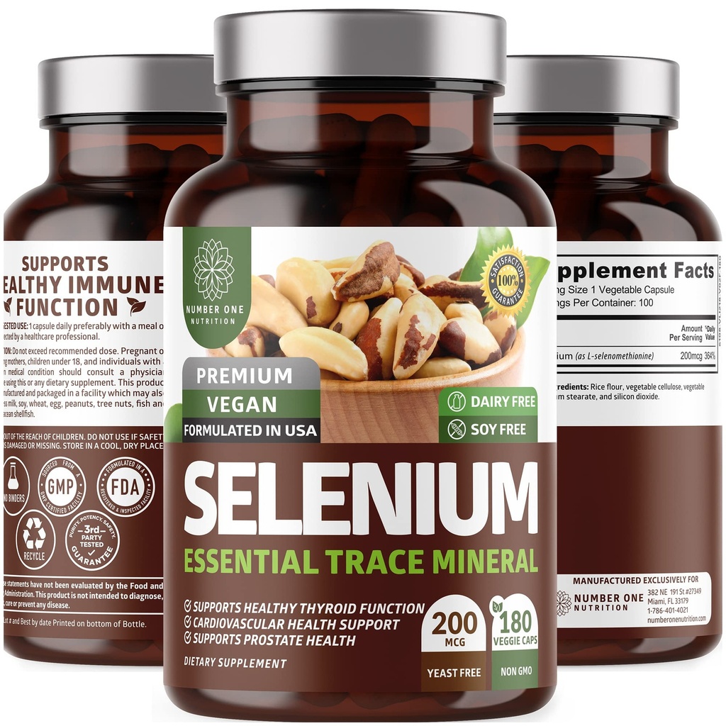 N1N Premium Pure Selenium [200MCG, Max Absorption] Trace minerale essenziale per sostenere l'immunità e la funzione della prostata, 180 tappi di Veg