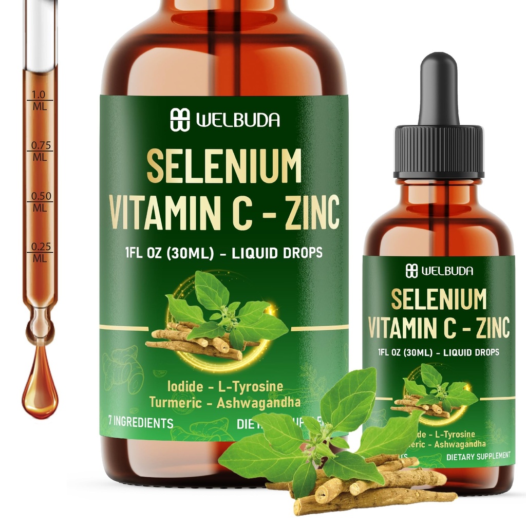 7in1 Gocce liquide di selenio con selenio, vitamina C, zinco, iodio, L-tirosina, Ashwagandha e curcuma per Immune & Energy Support - 1 FL Oz - 60 Day Supply