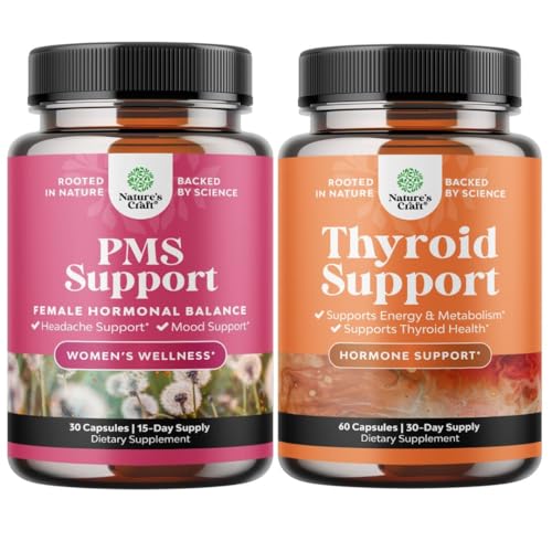 Bundle di supporto PMS con Chasteberr DIM, Black Cohosh Ashwagandha per il periodo Cramp Menopause Mood Swing e supporto tiroide con L Tirosina Bladderwrack Selenium & Ashwagandha per bilanciamento dell'ormone