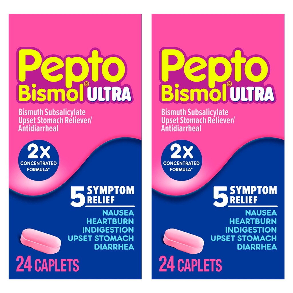 Pepto Bismol ULTRA Caplets, Upset Stomach Relief, Nausea Relief, Heartburn Relief, Indigestion Relief, Anti Diarrea Medica per Adulti - 5 Symptom Relief, 48 ct (2x24 ct)
