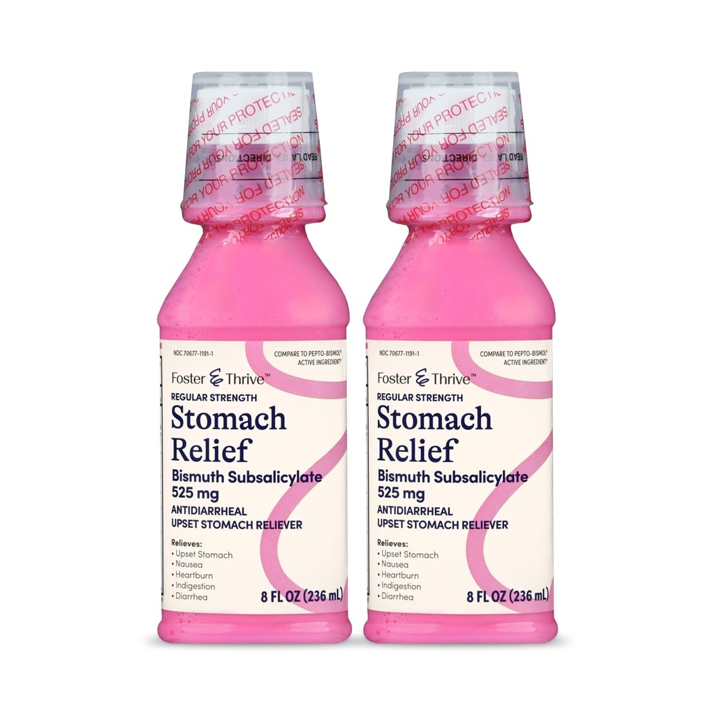 Foster & Thrive Stomach Relief Liquid per Nausea, Heartburn, Indigestion, Upset Stomach, Diarrea - Fast Relief per 5 sintomi, Antidiarrheal, Bismuth Subsalicylate 525 mg, Originale, 8 oz (Pack of 2)