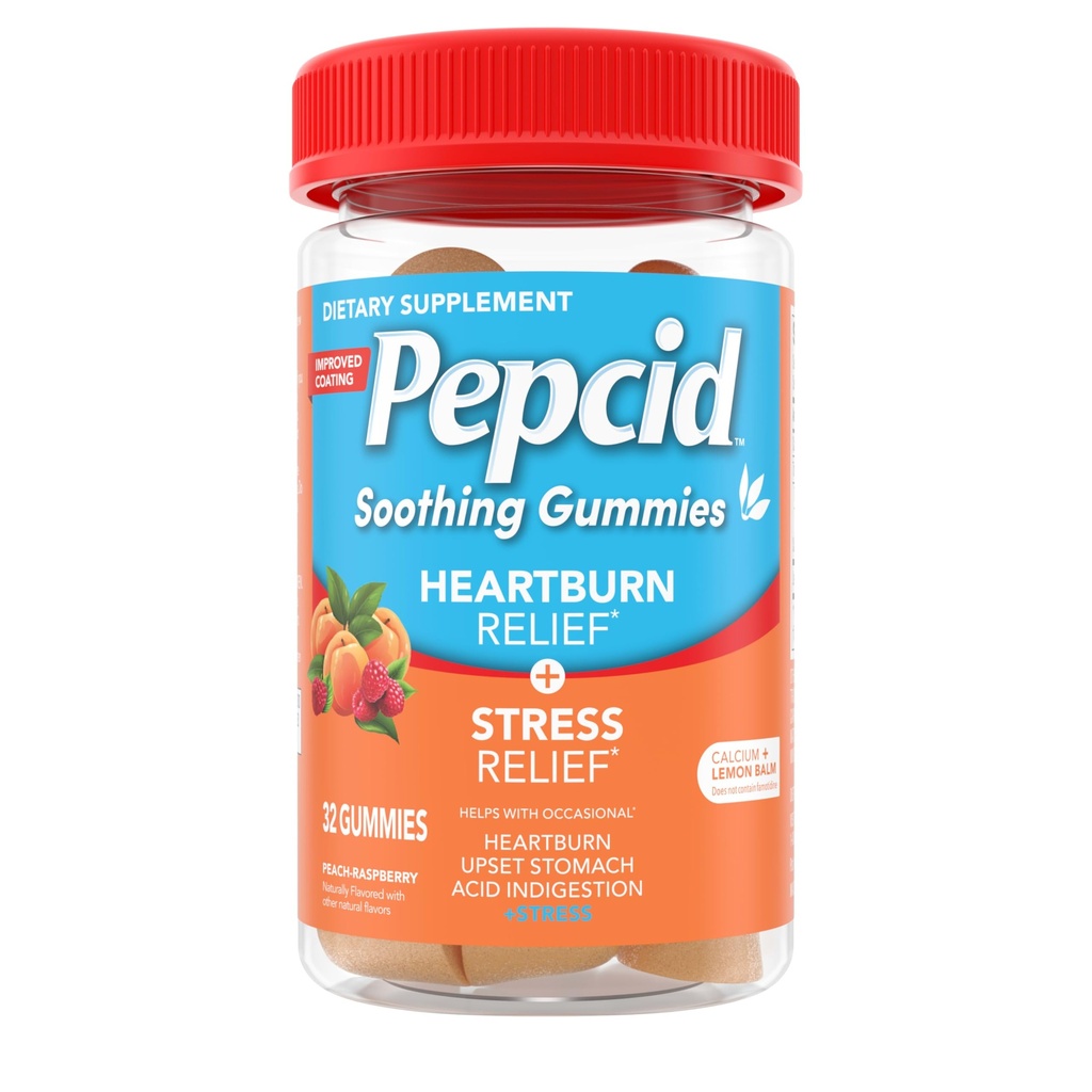 Pepcid Soothing Antacid Gummies, Rilievo di bruciore di stomaco + Rilievo di stringhe per bruciore di stomaco occasionale, Scomparsa di insorgenza e indigestione acida, con Estratto di Balm di limone, Fosfato di Tricalcium, Peach-Raspberry, 32 ct
