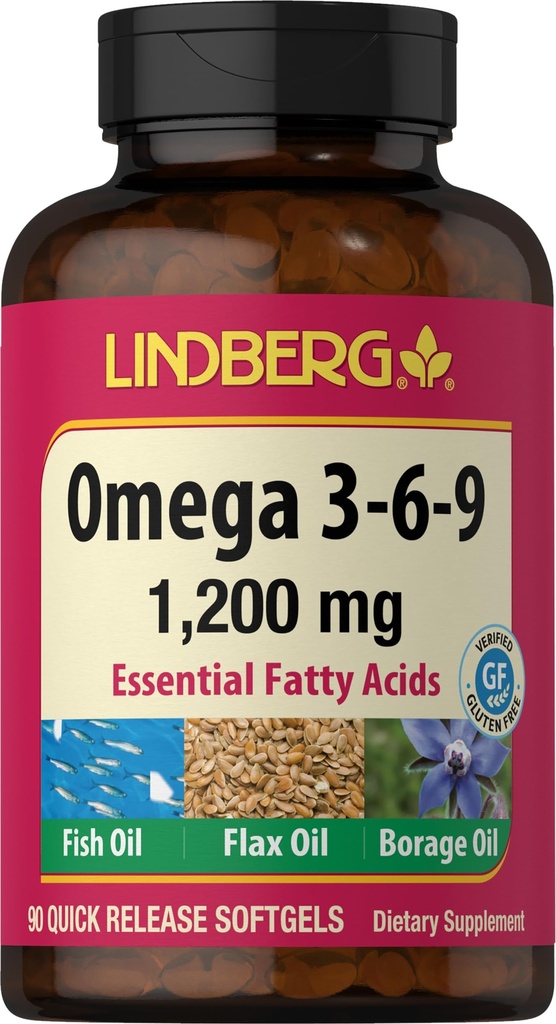 Lindberg Omega 3 6 9 integratori | 1200mg | 90 Softgels | acidi grassi essenziali | con pesce, lino e olio di borragine | Non OGM, senza glutine