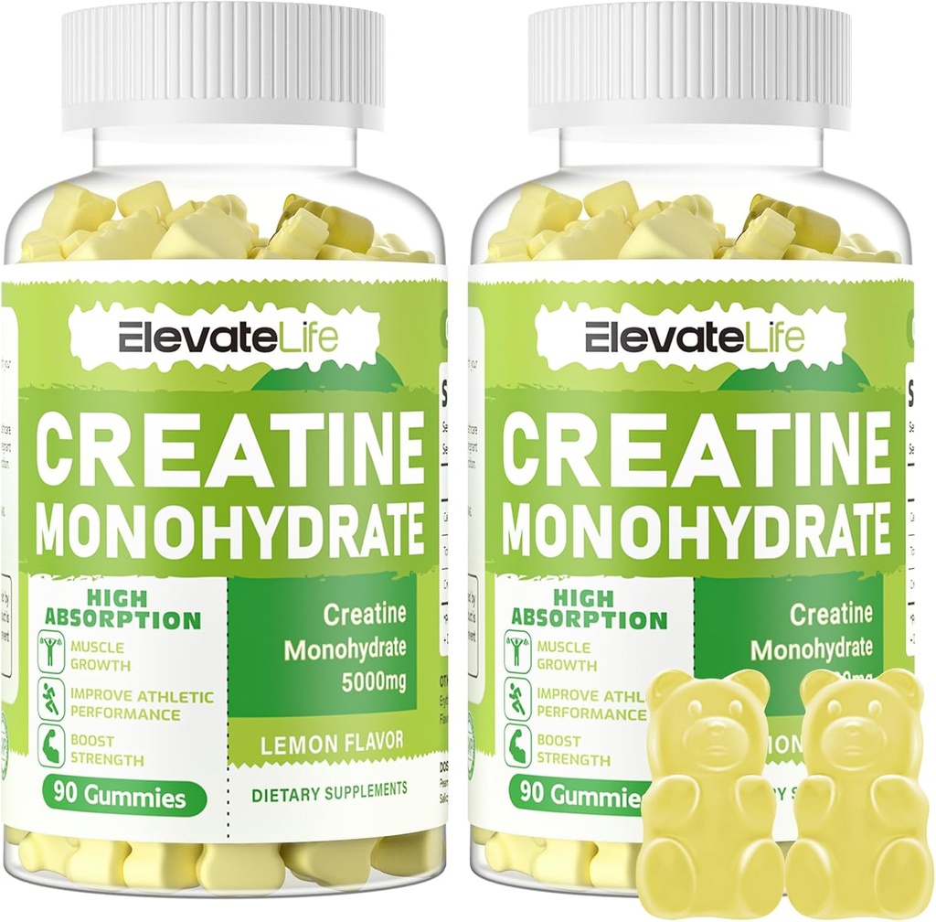 ElevateLife Creatine Monohydrate Gummies 5g per le donne degli uomini - Supplemento masticabile senza zucchero. 180 Gummies Lemon
