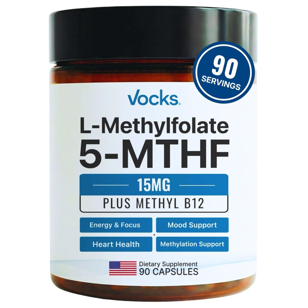 Vocks L Methylfolate 15mg 5-MTHF + Methyl B12 | Supplemento di metilefolato ad alta potenza | Vitamina di Folato metilato attivo B9 | Supplemento di follia MTHFR per le donne e gli uomini | 90 capsule