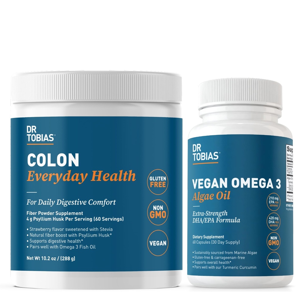 Dr. Tobias Colon Salute quotidiana & Vegan Omega 3 Olio di alghe - Benessere digestivo e Assistenza sanitaria quotidiana con Psyllium Husk e DHA EPA Omega 3s, Vegan, Non OGM
