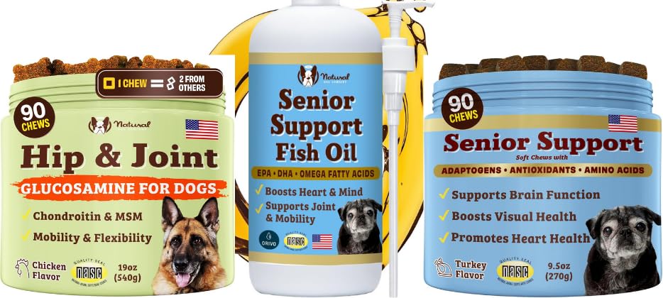 Natural Dog Company Senior Dog Bundle – Omega 3 Fish Oil 16oz + Senior Wellness Chews 90ct + Hip & Joint Chews 90ct – Support Joints, Brain, Heart, Eyes, Skin & Mobility con Omega-3s, Lion’s Mane & G
