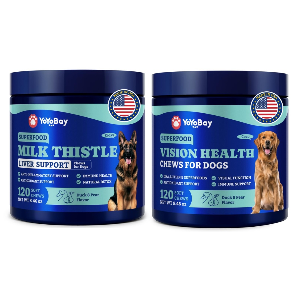 Occhio del cane e fegato Benessere Bundle – Vision Support Chews con antiossidanti e Omega-3s Plus Latte Thistle Liver Detox Chews con NAC e Curcumin – Natural Daily Health Support for Dogs of All Breeds
