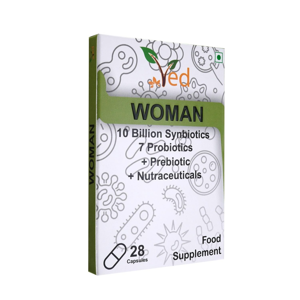 Probiotici e prebiotici Ved Woman - 10 miliardi di CFU - 20 culture batteriche dal vivo - 28 capsule probiotiche per donna- Lactobacillus croccanteatus, diossido di silicio.