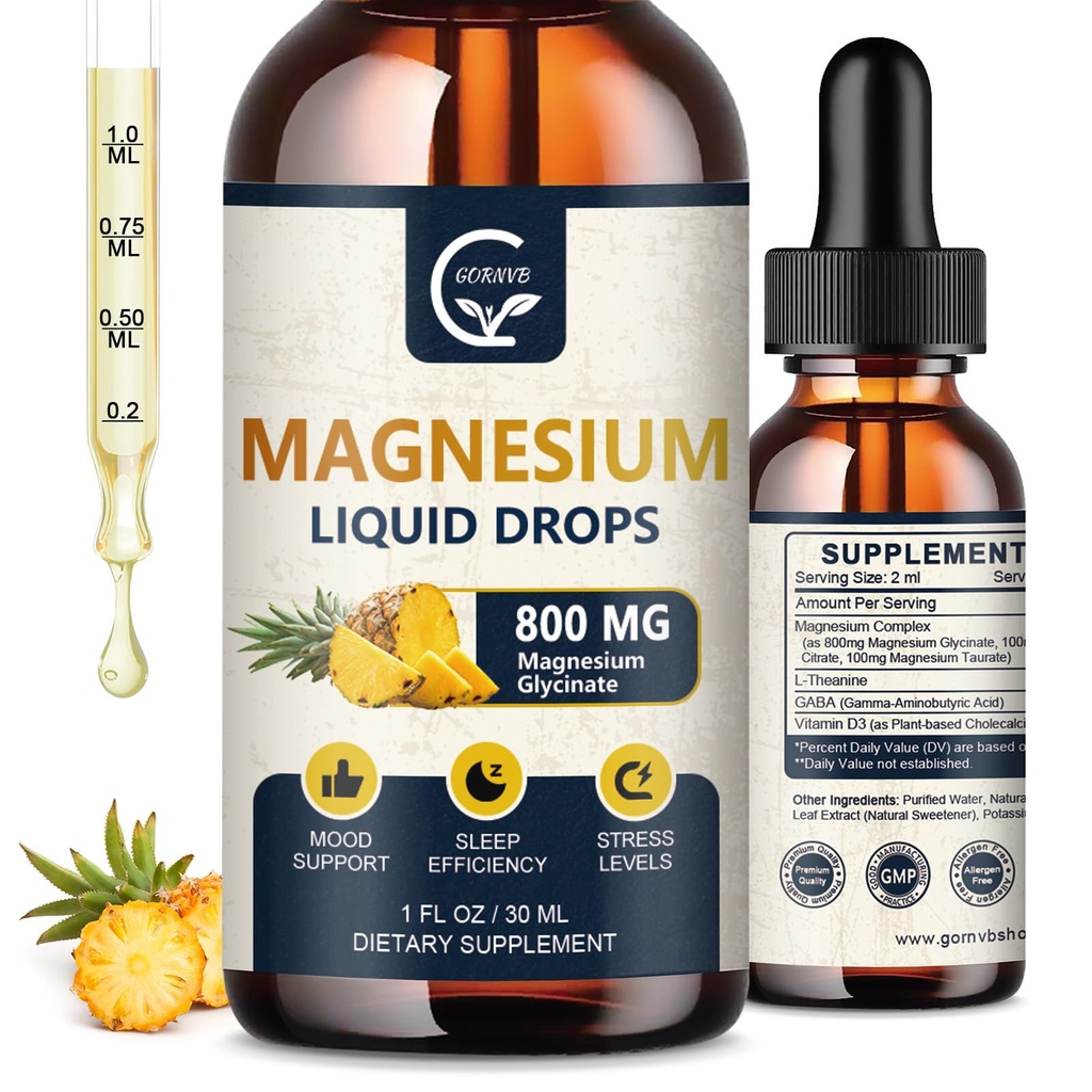 (2 Pack) Magnesium Glycinate Liquid Drops | 1000mg Liquid Magnesium Complex con D3, L-Thea & GABA per energia, sonno, nervo e salute del cuore, alto assorbimento, ananas Flavor