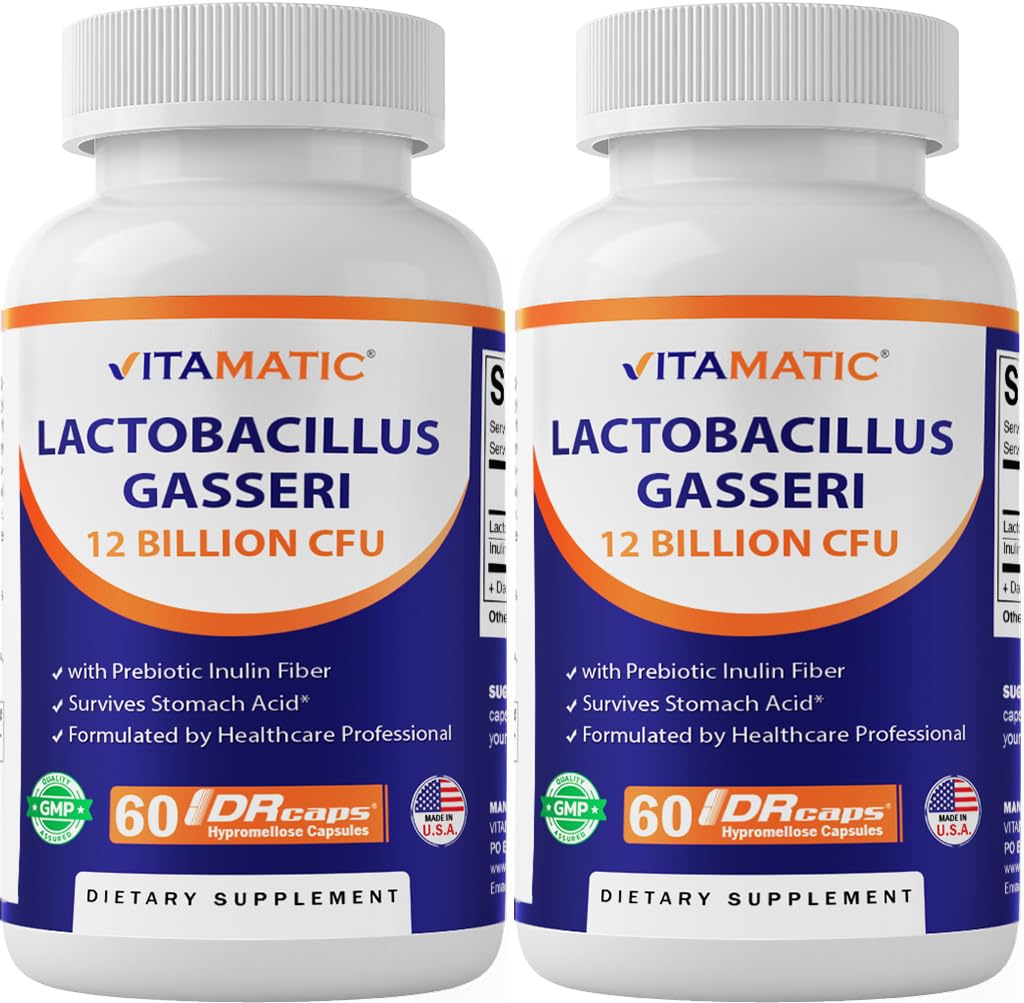 Vitamatic Lactobacillus Gasseri - 12 miliardi per DR Capsule - 60 Count - Supporto Digestivo - Realizzato con fibra Prebiotica Inulina- 2 Pack