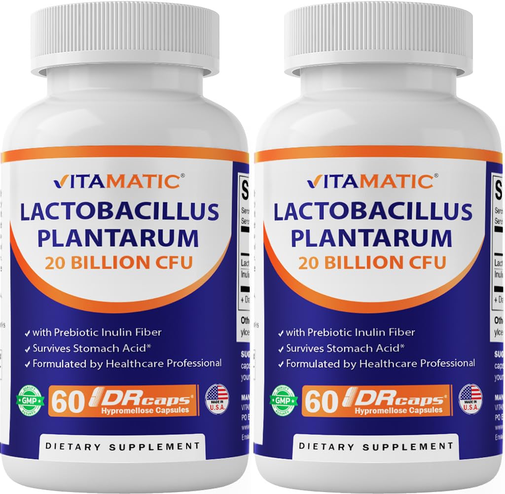 Vitamatic Lactobacillus Plantarum - 20 miliardi per DR Capsule - 60 Count - Supporto Digestivo - Realizzato con Prebiotic Inulin Fiber-2 Pack