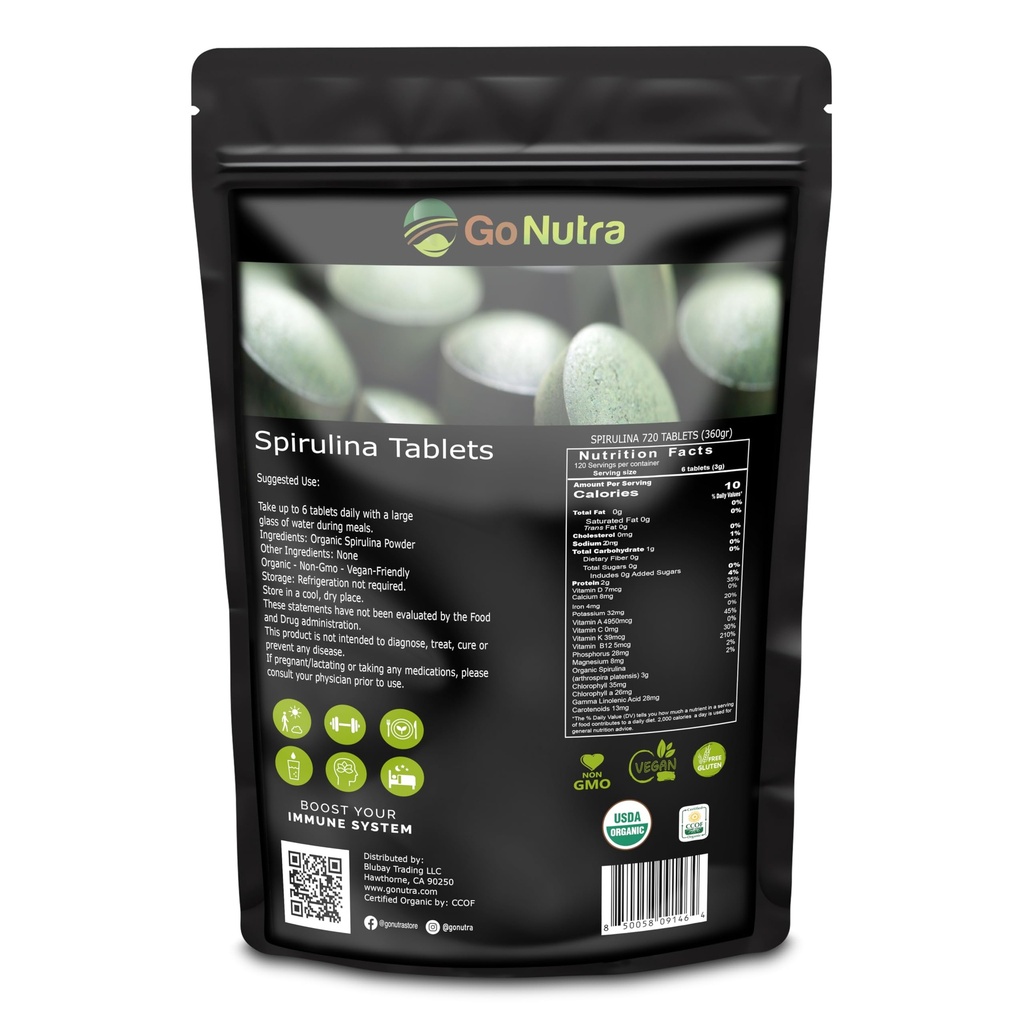 Go Nutra Organic Spirulina Tablets | Nutriente Dense Organic Spirulina Superfood | Proteine, Vitamine, Minerali, Fibre, Aminoacidi | No Fillers, Non-GMO, Vegan | 500 mg, 720 ct, 4 mesi di fornitura