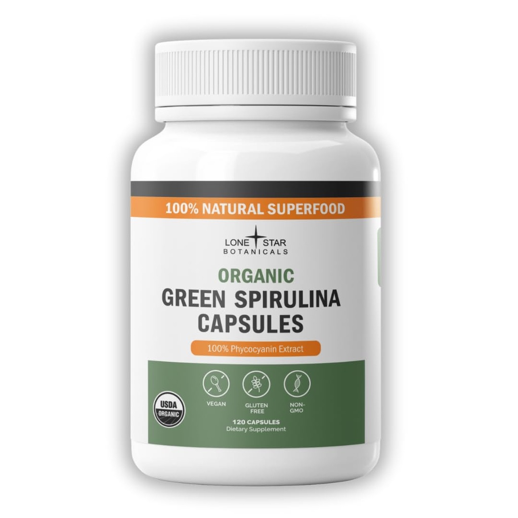 Lone Star Botanicals Organic Spirulina Capsule – 100% Pure Blue-Green Algae, No Fishy Smell, Superfood Supplement, Vegan, Non OGM, Gluten-Free (120 Count, Green Spirulina)