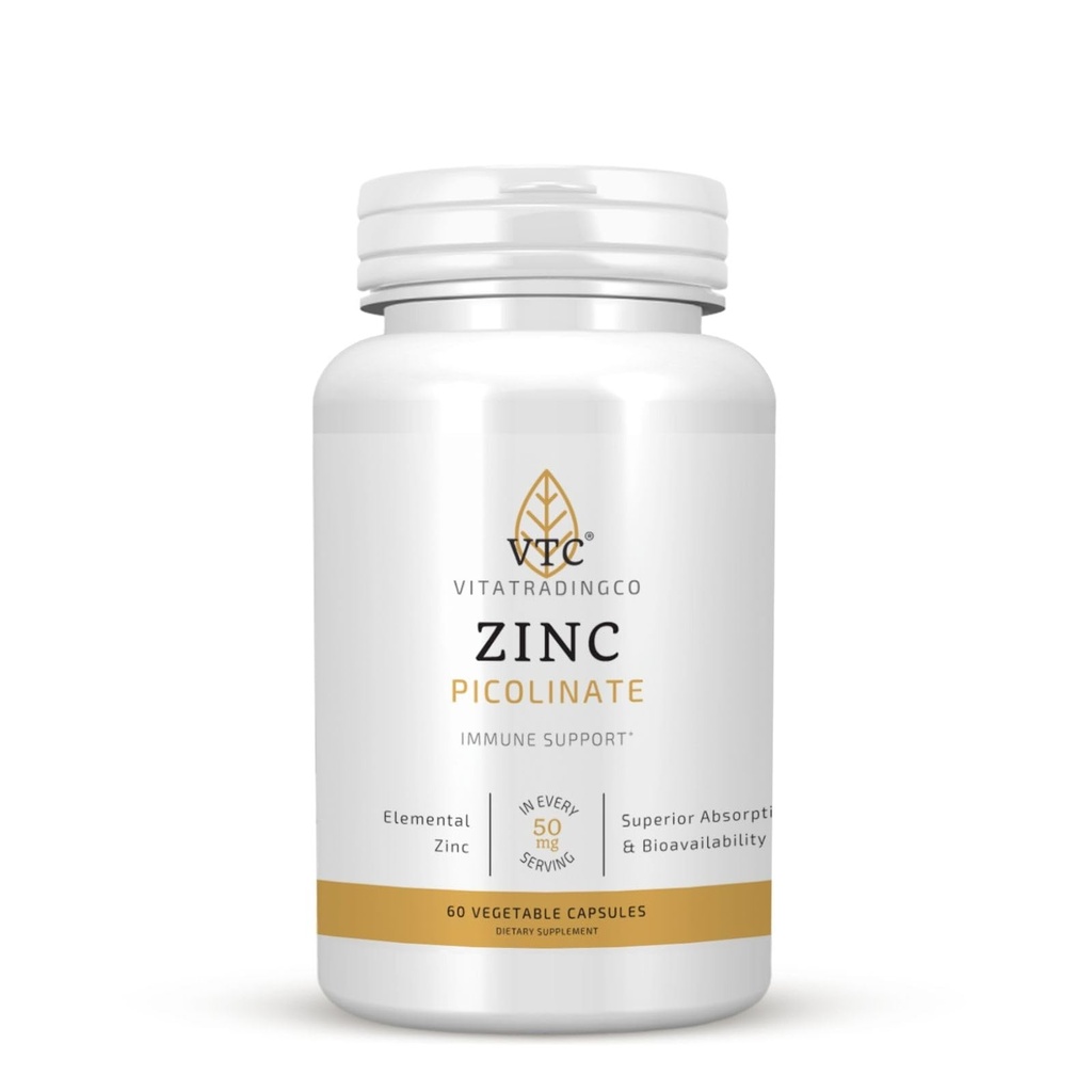 VTC VitaTradingCo. Zinc Picolinate | 50mg Zinco Elementale | Altamente assorbibile | Supporto immunitario e antiossidante | per la salute della pelle e la funzione cellulare | 60 capsule vegetali
