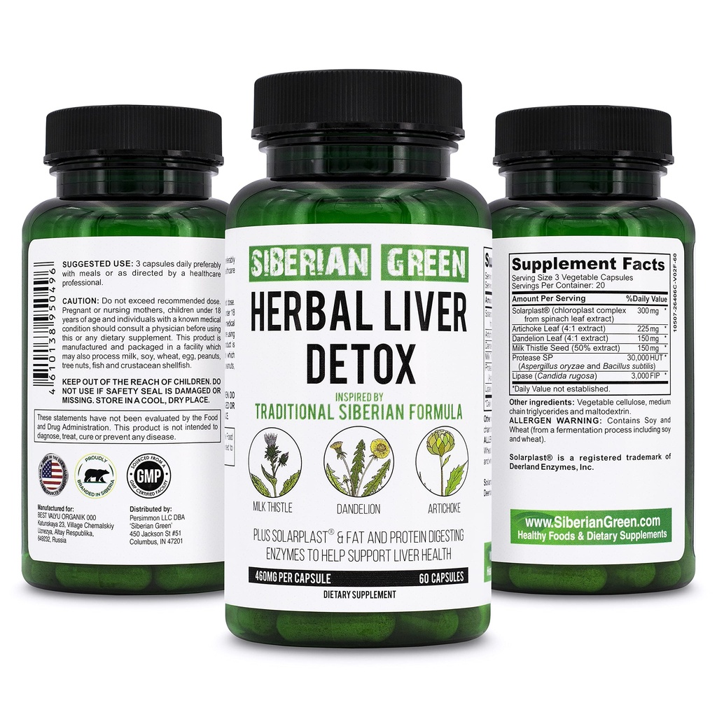 Detox del fegato verde siberiano con latte Thistle Carchoke Dandelion 60 capsule – Tradizionale formula siberiana Più enzimi per sostenere la salute del fegato