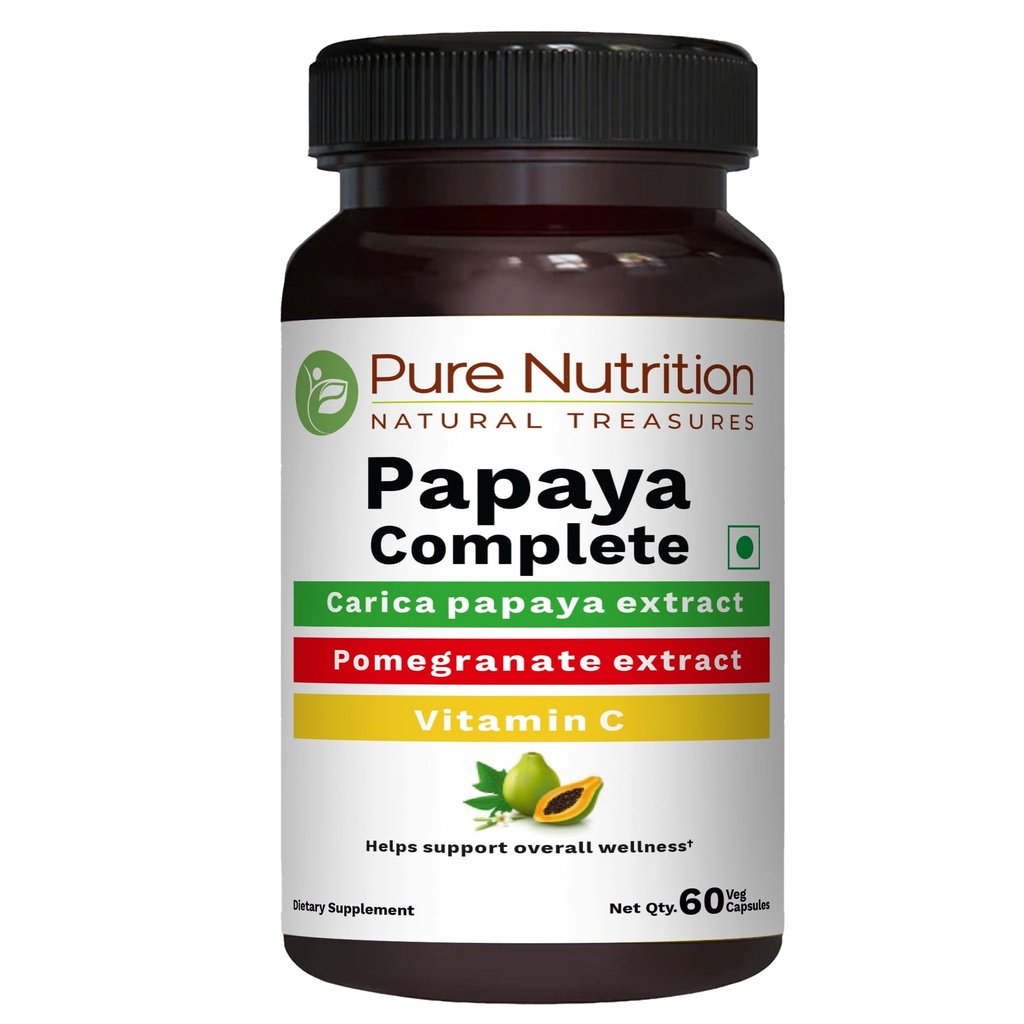 Pure Nutrition Papaya Complete - 60 capsule di veg (Supports Platelet Immunity & Digestion) Ogni capsula contiene 500mg Carica Papaya Fruit and Leaf Extract. Non OGM | Senza glutine