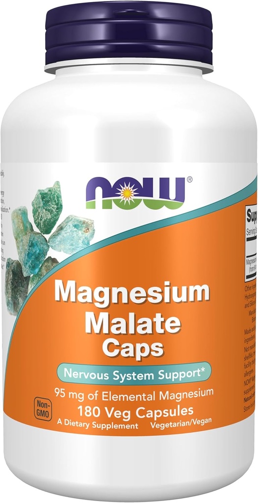 NOW Integratori alimentari, Magnesio Malato Caps con 95 mg di Magnesio Elementale, Supporto di Sistema Nervoso*, 180 capsule di Veg