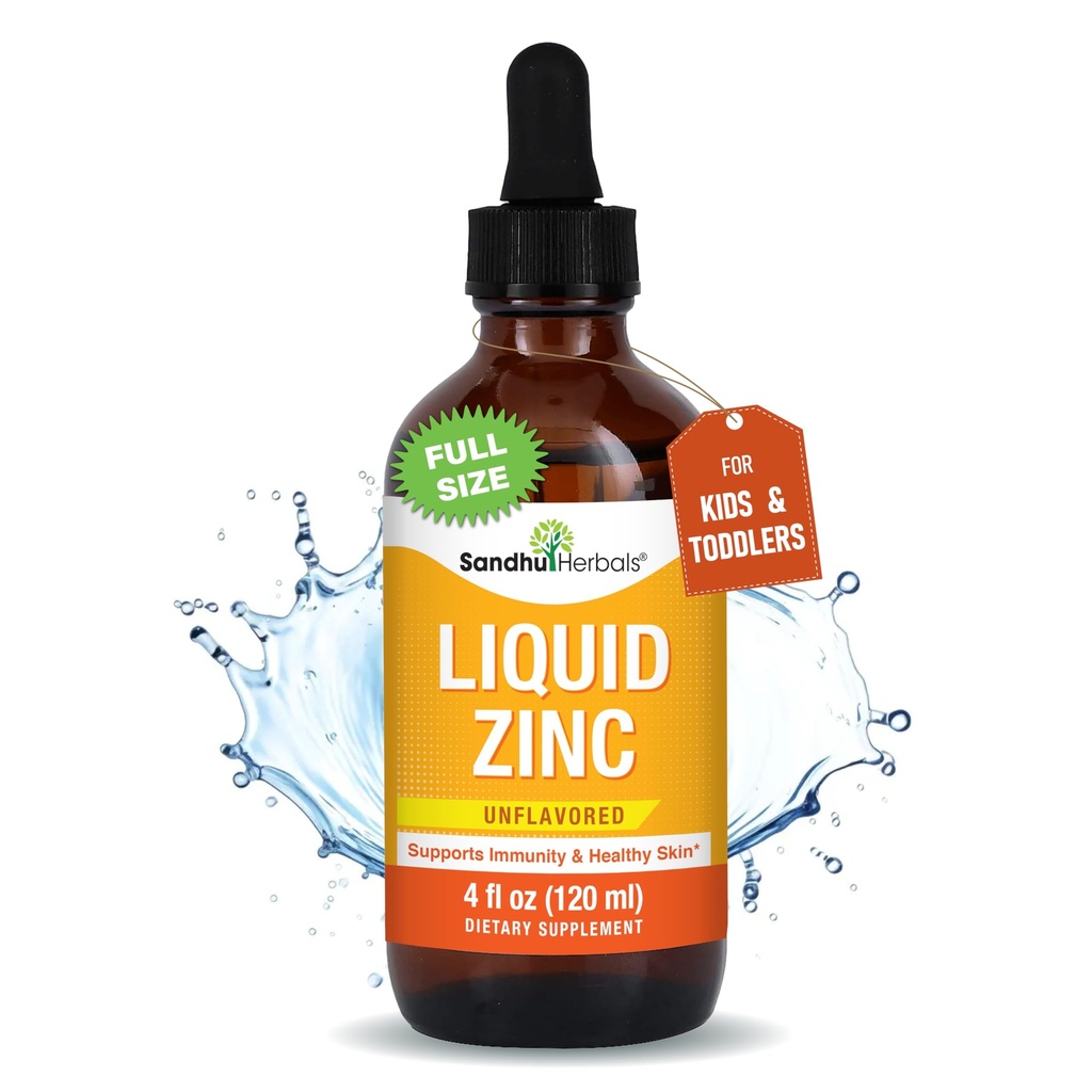 SANDHUHERBALS Zinco liquido per bambini, bambini e bambini | 4 Fl Oz Grande bottiglia di vetro | Integratori di zinco ionico Gocce di solfato | Supporto immunitario | Facile da prendere, Solubile in acqua | Non aromatizzato
