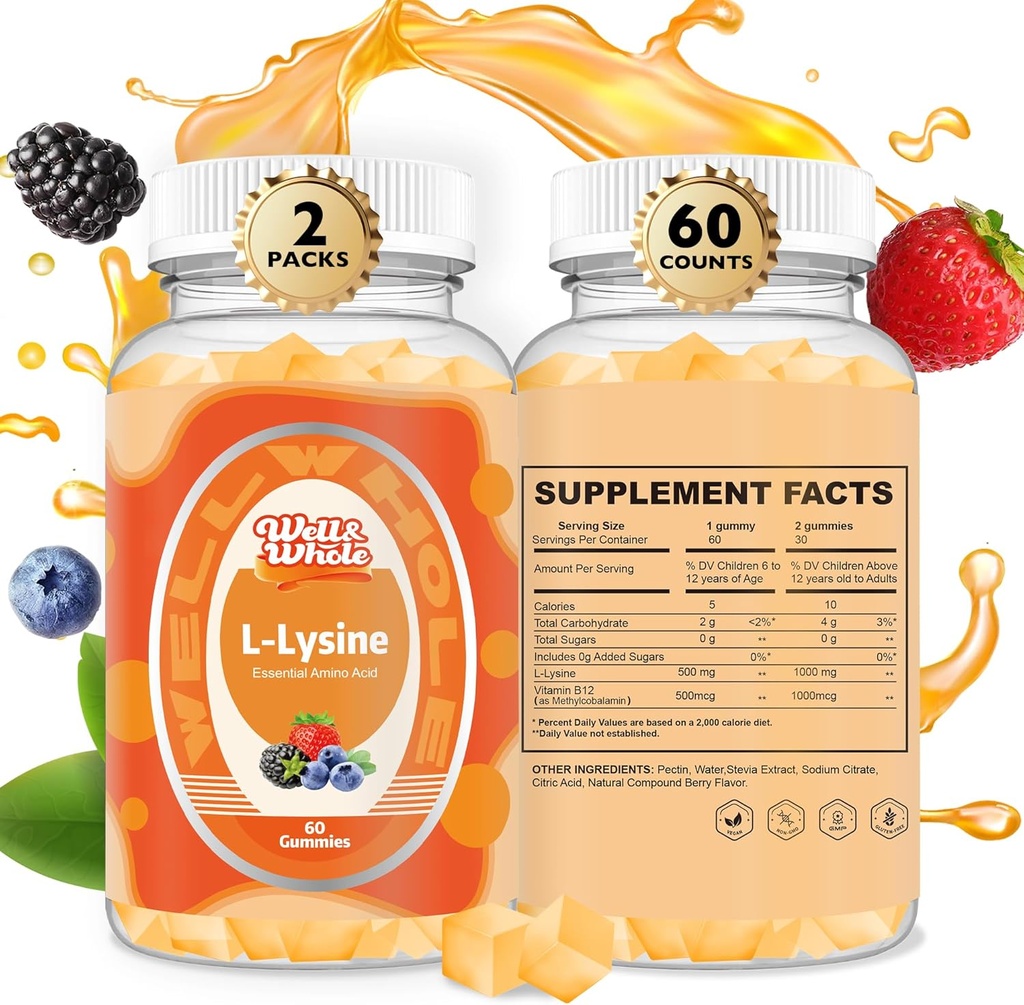 L-Lysine Gummies 1000mg - L-Lysine Integratori per Bambini e Adulti - Lip and Cold Sore* Supporto per Donne - Gummie masticabili di Lysine con Vitamina B12 - Vegan, Non OGM, Senza Glutine, 120 Conti