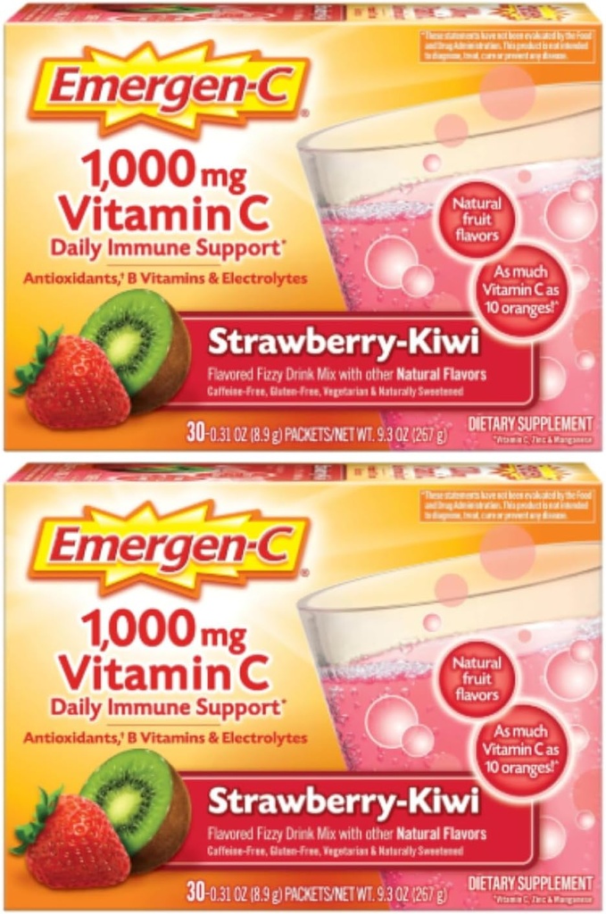 Polvere di vitamina C di Emergen-C 1000mg, aroma di fragola Kiwi, antiossidanti, vitamine e elettroliti B, integratori di vitamina C per il supporto immunitario, 30 conteggio (pacchetto di 2)
