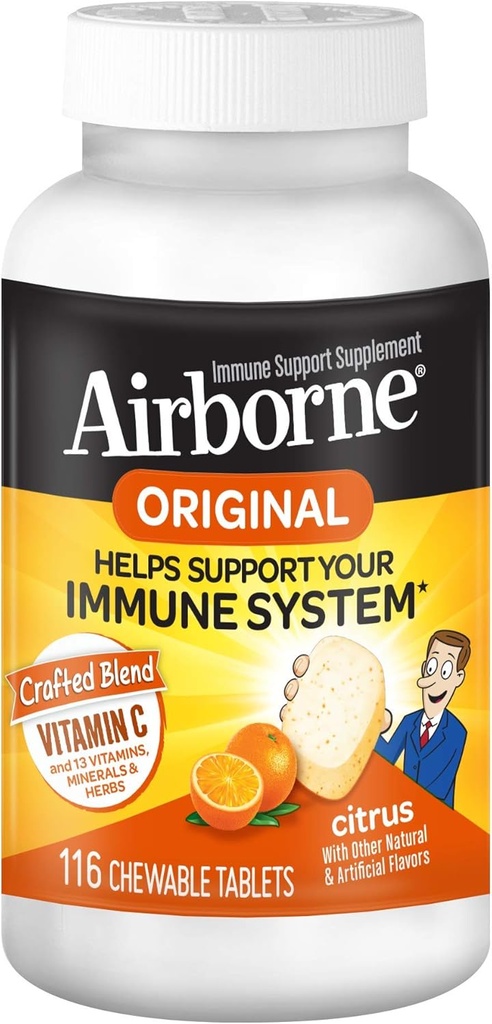 Airborne 1000mg Vitamina C + Zinc Immune Support Supplemento Compresse masticabili, Citrus Flavor con potenti Antiossidanti Vitamine A C & E, 116 Chewable Tablets (3 Pack)
