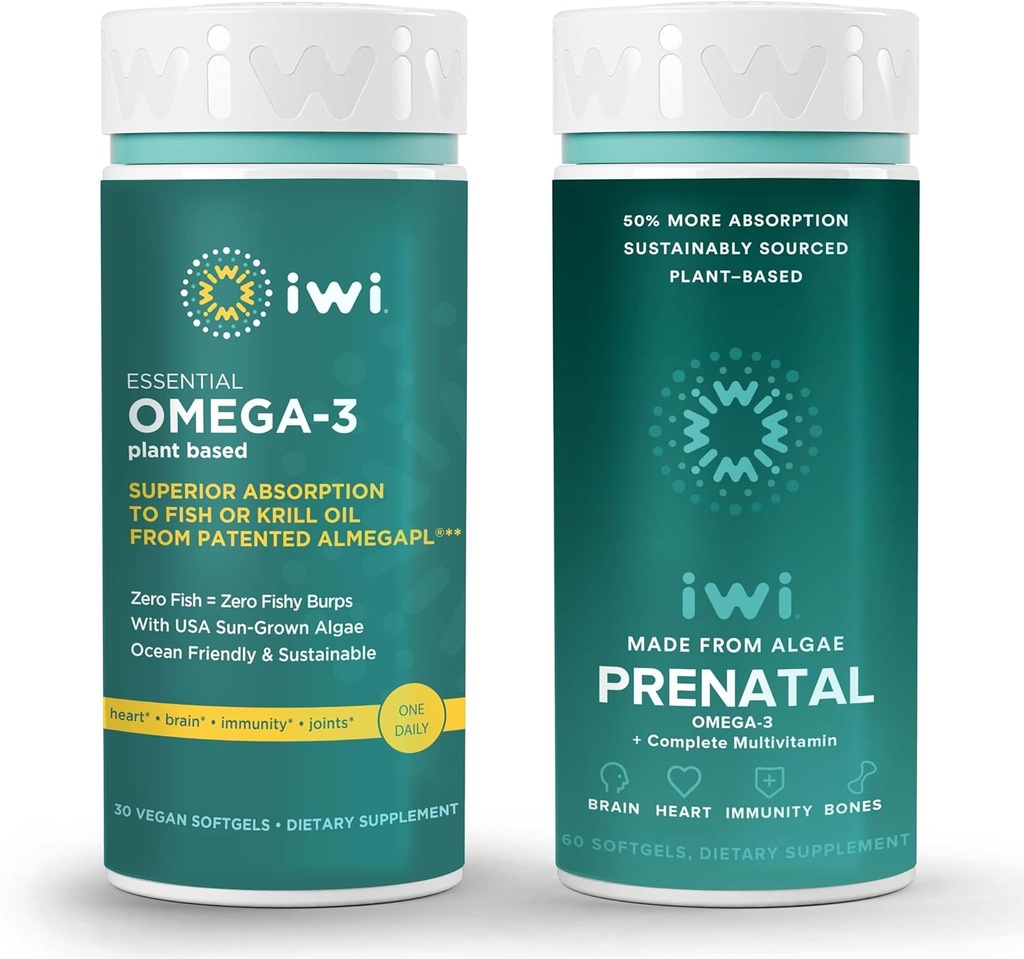 Iwi Omega-3 Essential & Prenatal Multivitamin Bundle, 30 Serve, Vegan Plant-Based Algae Omega 3, Krill & Fish Oil Alternative, No Fishy Aftertaste