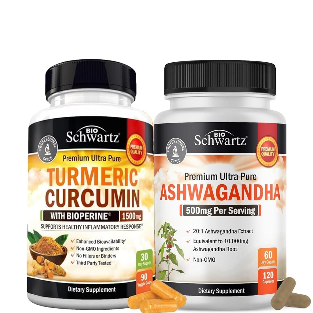 Extra resistenza Ashwagandha capsule (2 mesi di alimentazione) Plus curcumina curcuma erboristica con pepe nero estratto 1500mg Complesso (taglia triale)