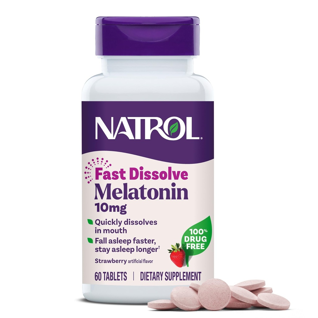 Natrol Melatonin 10mg Tovaglie di dissolve veloce - Fragola Flavor, 60 Conte, Supporto per il sonno, Melatonina dissolva veloce per adulti, alimentazione di 60 giorni