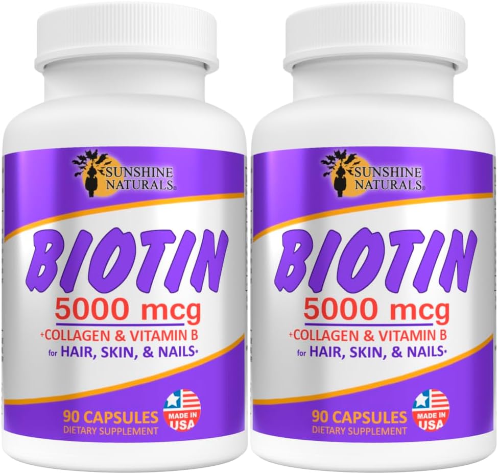 Sunshine Naturals Biotin Integratore alimentare. per Pelle più sana, Capelli Thicker, Crescita Unghie. Collage, vitamina A, B per la perdita dei capelli, bellezza, rinnovamento cellulare, salute della scala. 5000 mcg. 90 capsule. Confezione da 2