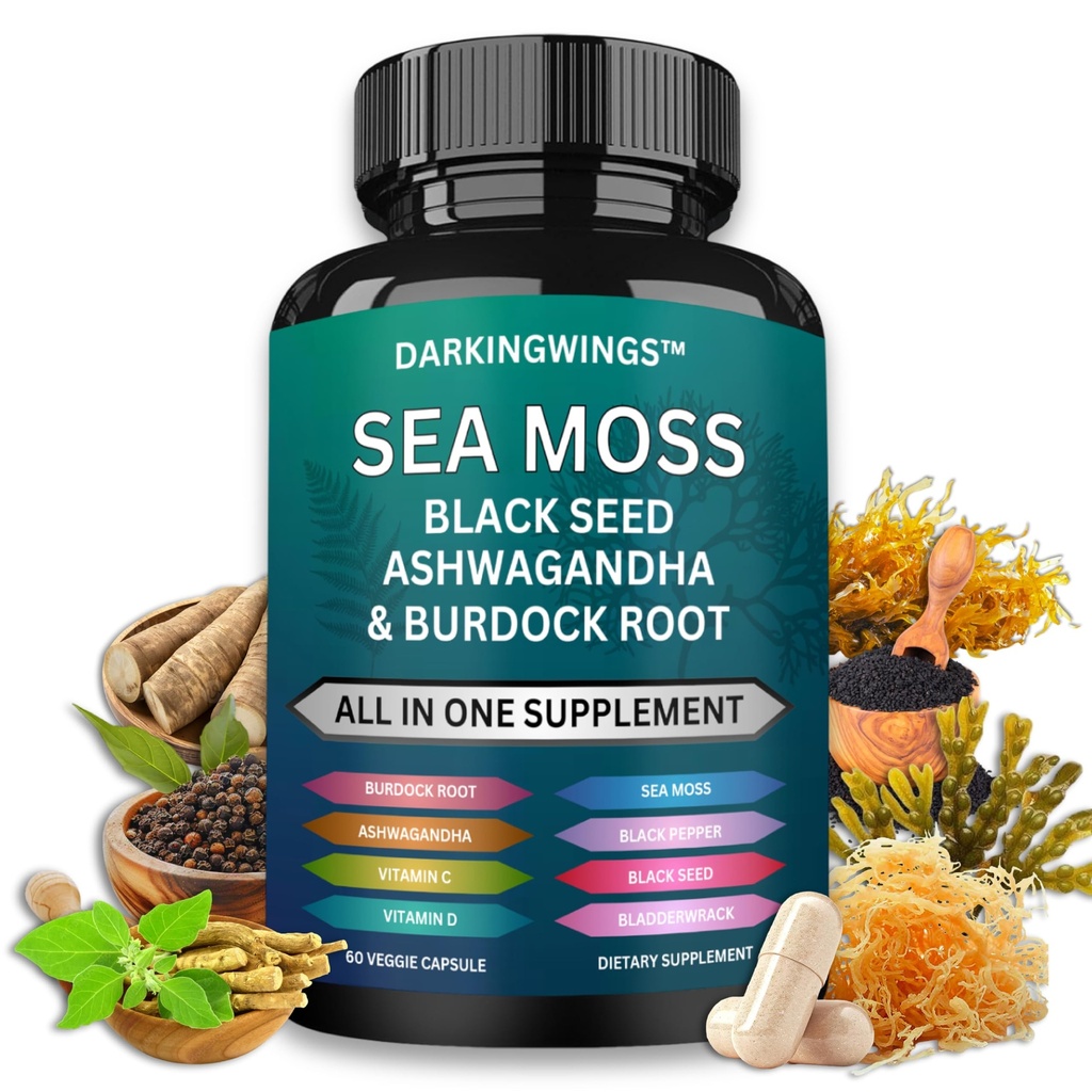 Sea Moss Advanced - Sea Moss 3000mg Black Seed Oil 2000mg Ashwagandha 1000MG Bladderwrack 1000mg Burdock 1000mg & Vitamina C D3 per i supplementi di capelli |Man & Women| 30 giorni capsule di alimentazione