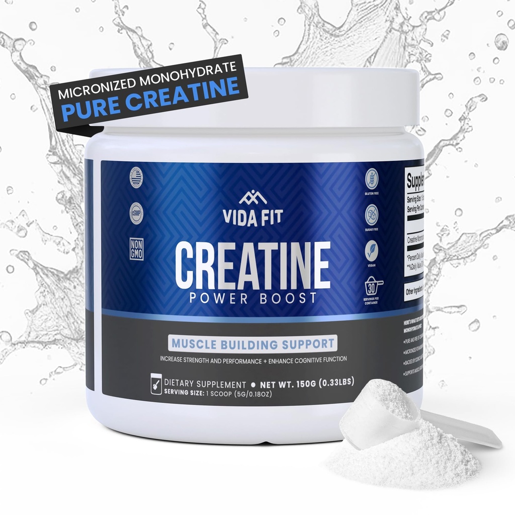 Polvere di monoidrato di creatina micronizzata, polvere di creatina vegana non infiammata, integratori per gli uomini, essenziali di allenamento puri per le donne, certificato NSF (150g) (5g per Serv) (30 Serve) - Vida Fit