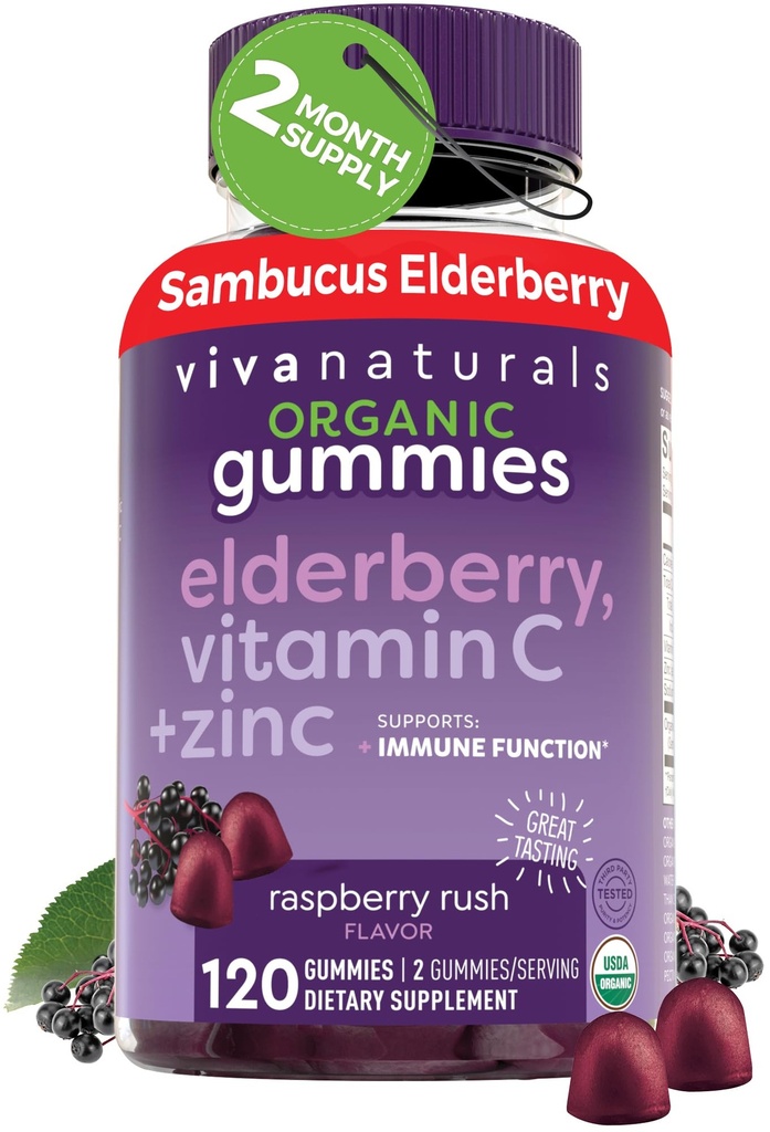 Viva Naturals Sambucus Organic Gummies Elderberry per adulti (120 Conte) - 3in1 Black Elderberry Vitamin C e Zinc Immune Support Gummies, Chewable Elderberry Supplements, Zinc Immunity Gummies