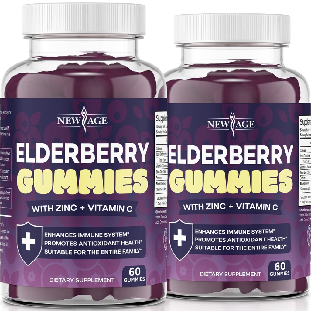 NUOVO AGE (2-Pack) Premium Elderberry Gummies per adulti Bambini con vitamina C, Zinco, Propolis - Sambucus Black Elderberry Gummy Extract - Gluten Free & Vegetariano - 120 Gummies