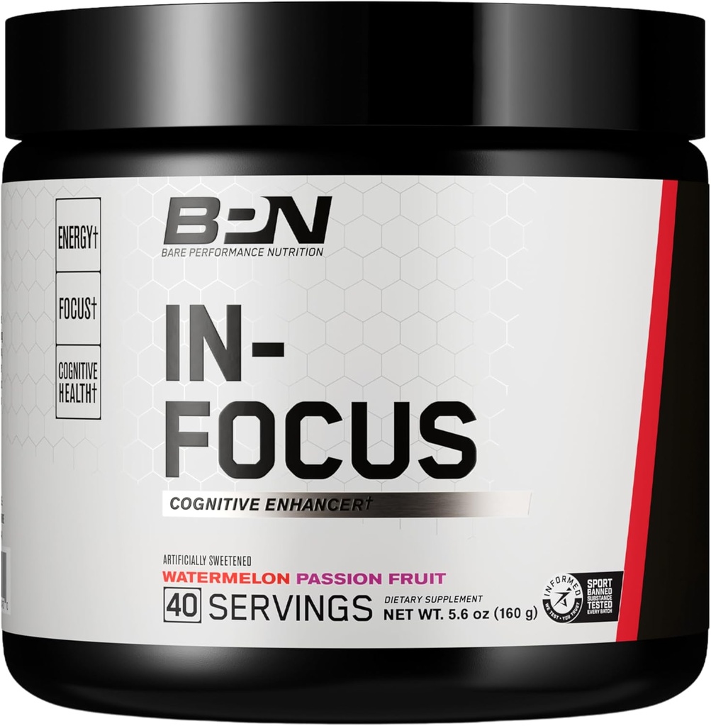 BARE PERFORMANCE NUTRITION, BPN in-Focus Brain Support Supplement, Migliorare Focus & Energy, Alpha GPC, Watermelon Passionfruit, 40 Serve