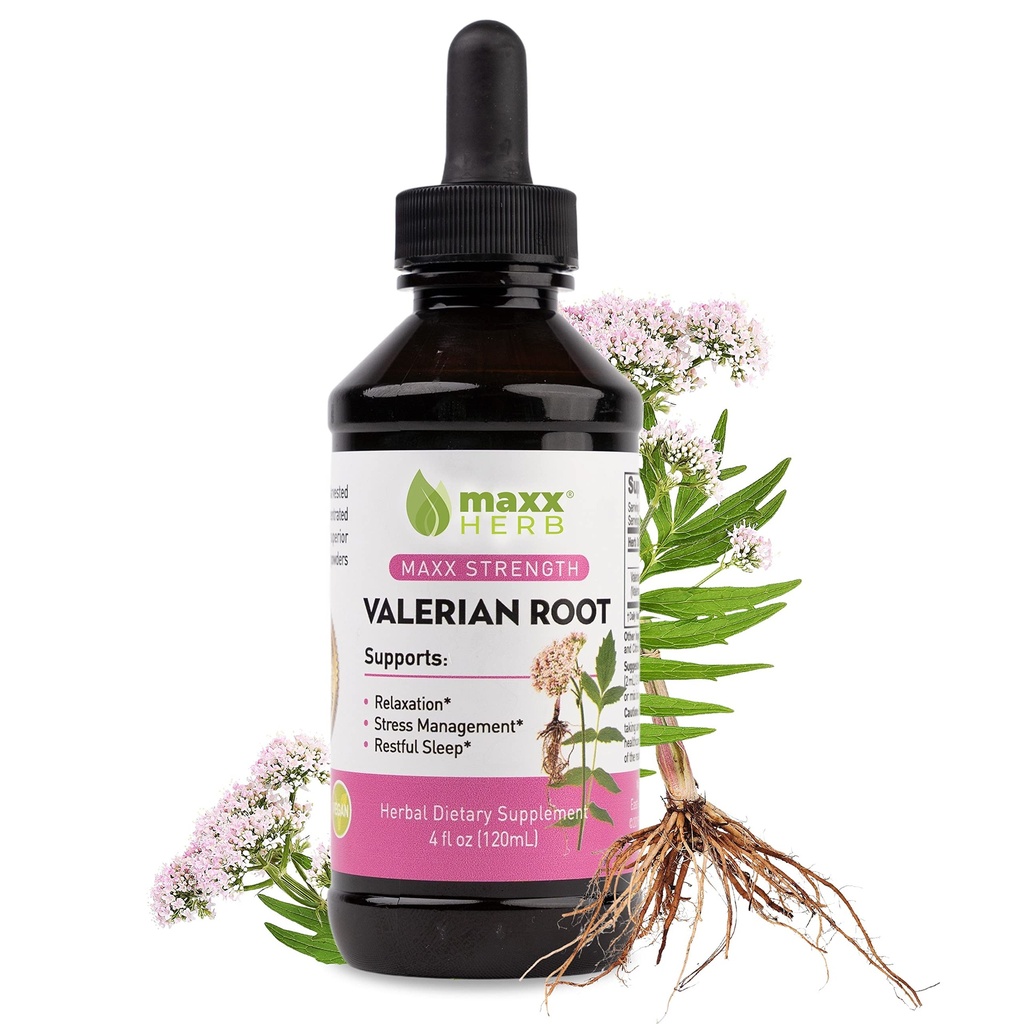 Estratto di radice di valeriana Maxx Herb - Max Strength, Assorbenti di radice di valeriana liquido Meglio di capsule, per il relax e sonno riposante, senza alcool - Bottiglia da 4 Oz (60 Serve)