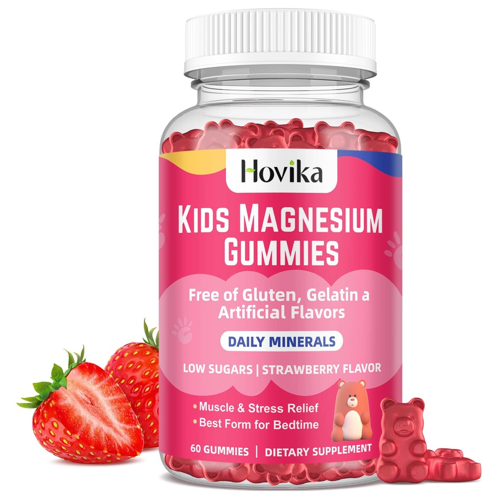 Gummie di Magnesio per bambini - Citrato di magnesio + Vitamina B6 & D3 - Gummie di Magnesio per bambini di grande gusto per Nerve Bone e salute del muscolo per il benessere dei bambini, Vegan Strawberry Flavor 60 Conte