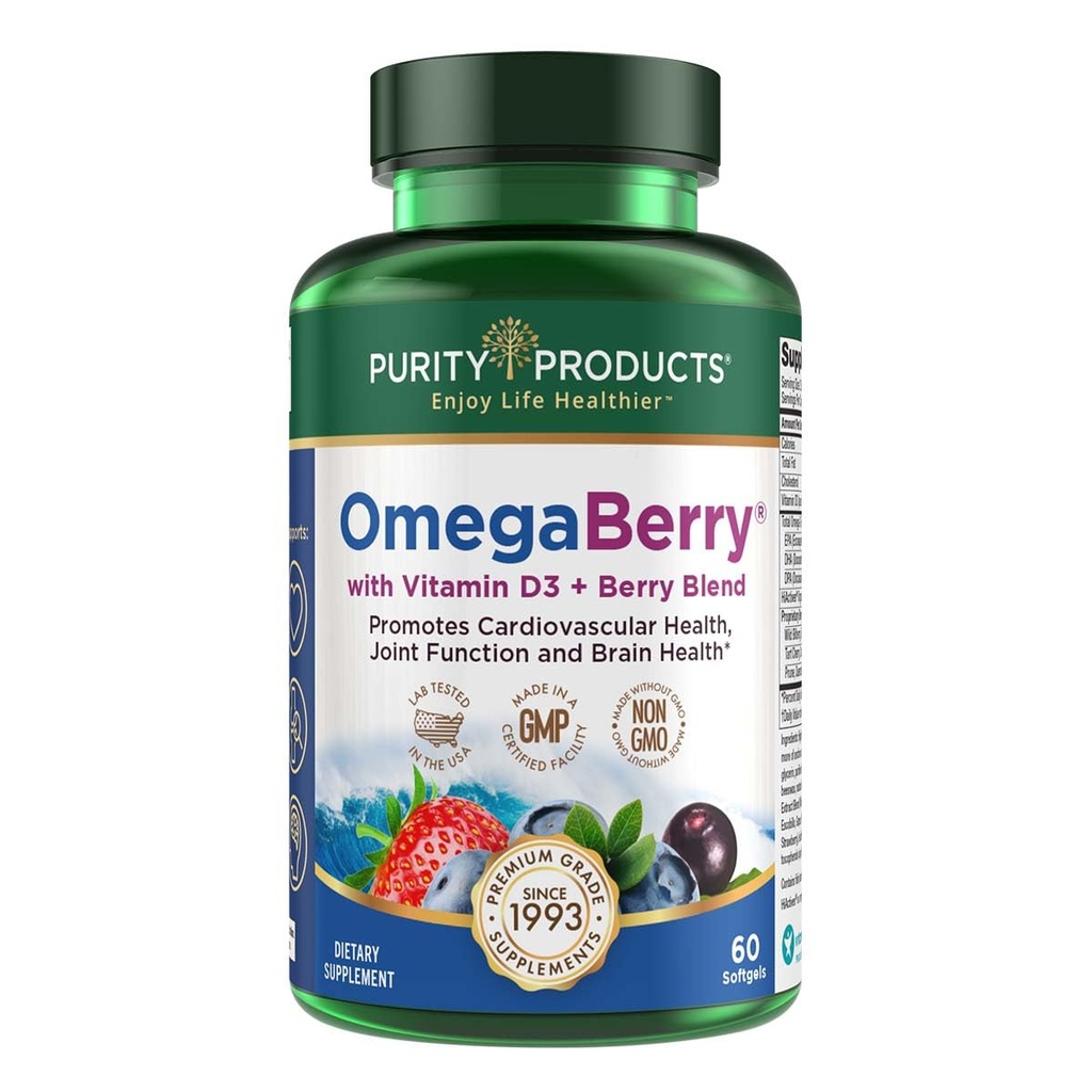Prodotti di purezza OmegaBerry Fish Oil con vitamina D3 e Acai organici - 1250mg Concentrated Olio di pesce ultra puro Omega-3, 500mg DHA + 650mg EPA - 60 Gel Morbidi - 30 giorni di alimentazione da