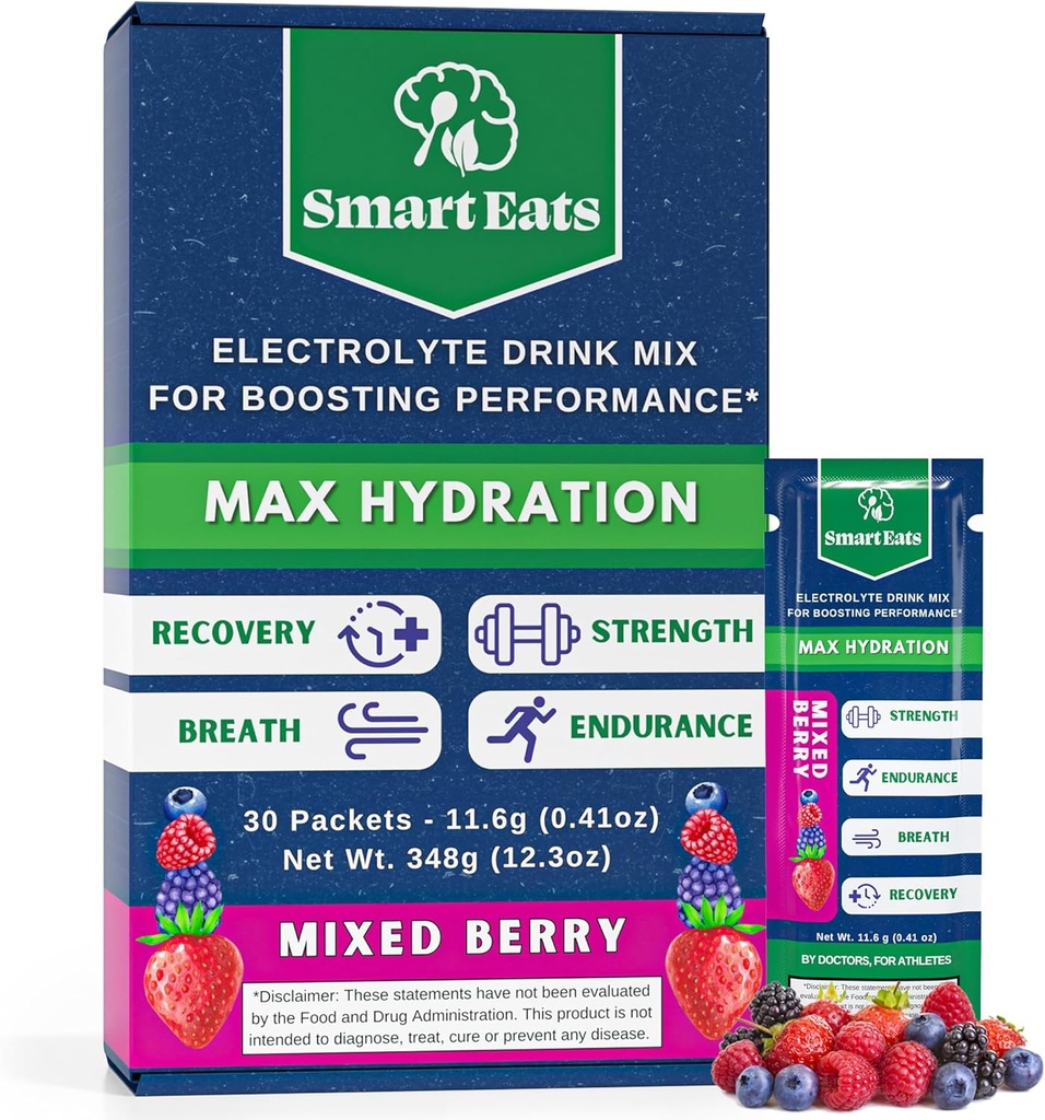 Polvere di elettrolita intelligente - 1.690mg Elettroliti, 9 minerali essenziali e vitamine, 5 antiossidanti, rapida ed energizzante idratazione, Progettato da medici, <1 Gram Sugar, Sour Berry Flavor - 30 confezioni
