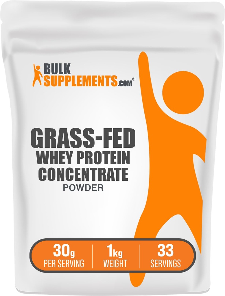 BulkSupplements.com Grass Fed Whey Protein Powder - Polvere di concentrato di proteine del siero - senza glutine e senza glutine, 30g per porzione, 1kg (2.2 lbs) (pacchetto di 1)