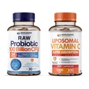 Wholesome Wellness Organic Probiotics 100 Billion CFU, Dr Formulated for Women and Men + Liposomal Vitamin C Capsules (200 Pills 1500mg Buffered) High Absorption VIT C Bundle