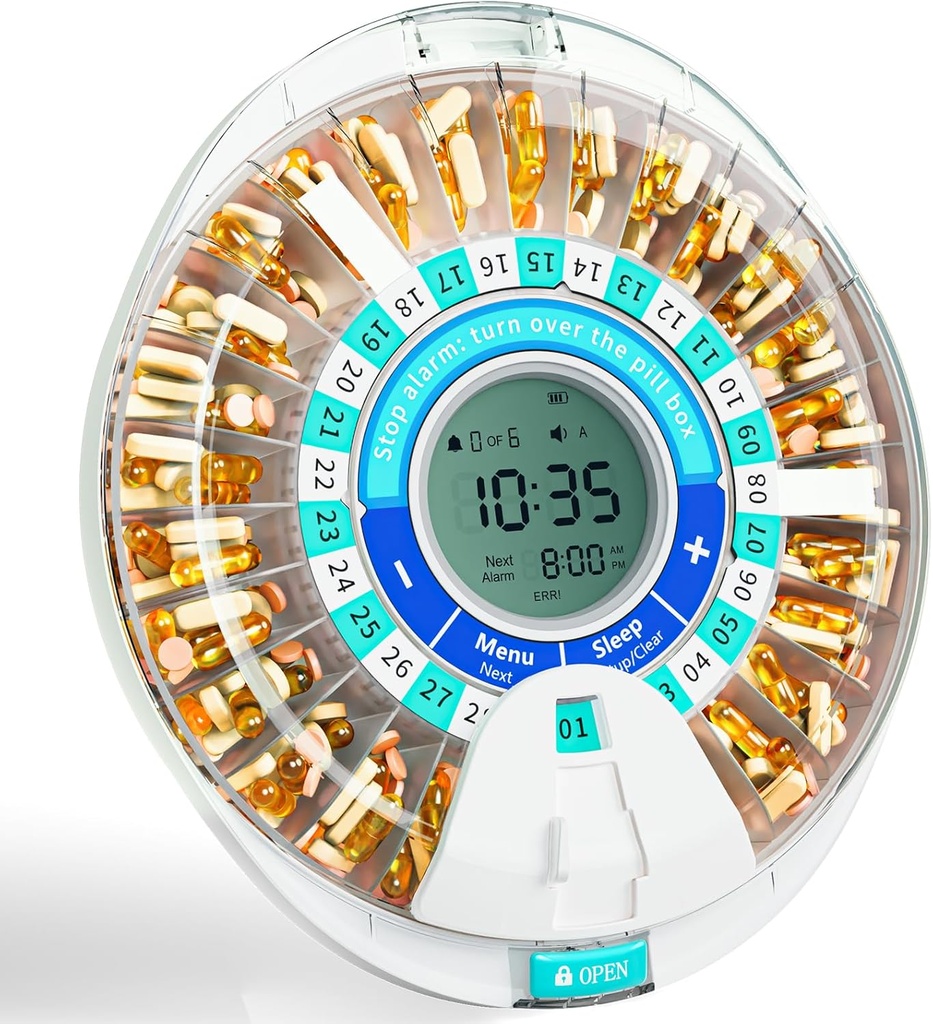 Dispenser automatico di pillole per parabrezza per l'anziano, organizzatore elettronico di pillole mensili con allarme e luce, Dispenser di farmaci Smart Lock 28 giorni, Dispenser di pillole a tempo per le prescrizioni e le vitamine